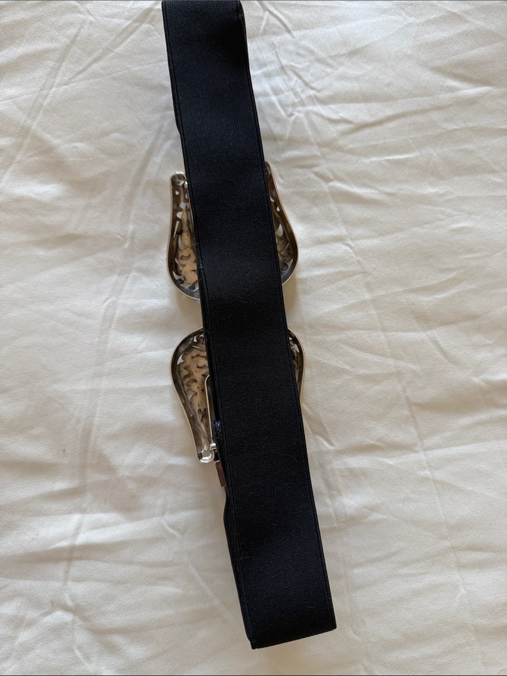 Black Western-Style Double Buckle Belt with Ornate Silver Hardware #33in stretch - Picture 2 of 5